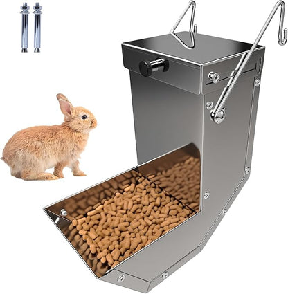 Rabbit Feeder - Small Animal Stainless Steel Gravity Feeding Trough with Lid, Outdoor Durable Cage Feeder Holds Several Days' Food (4 Inch/1.5Lbs)