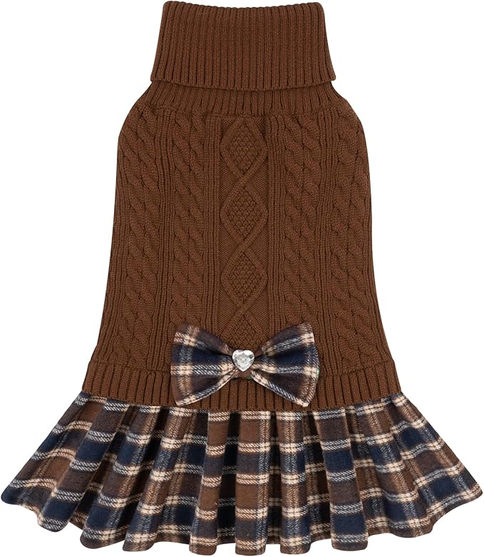 KYEESE Dog Sweater Comfy Dogs Clothes with Bowtie Thick Dog Sweaters for Small Dogs Male Warm Pullover Pet Coats Soft Turtleneck Cat Sweaters Stretchy Knitwear Pet Sweater Dress, Brown, Small