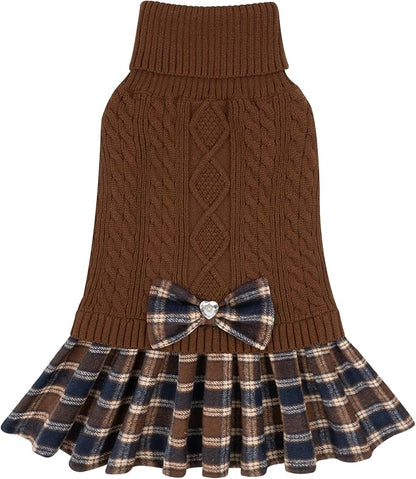 KYEESE Dog Sweater Comfy Dogs Clothes with Bowtie Thick Dog Sweaters for Small Dogs Male Warm Pullover Pet Coats Soft Turtleneck Cat Sweaters Stretchy Knitwear Pet Sweater Dress, Brown, Small