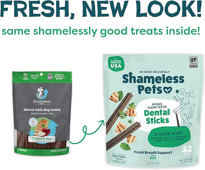 Shameless Pets Chicken & Mint Dental Chews for Dogs, 32 Chews - Natural Dog Teeth Cleaning Treats with Fresh Breath Benefits | Grain-Free Dental Sticks for Small, Medium & Large Dogs