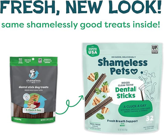 Shameless Pets Chicken & Mint Dental Chews for Dogs, 32 Chews - Natural Dog Teeth Cleaning Treats with Fresh Breath Benefits | Grain-Free Dental Sticks for Small, Medium & Large Dogs
