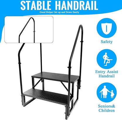 RV Step Stool, 2 Step Ladder, Hot Tub Steps with 2 Handrails, Heavy Duty Ladder Shelf Bookcase, 5th Wheel RV Mobile Home Stairs for Camper/Porch/SPA Pool/Pet Stairs(1 Pack)