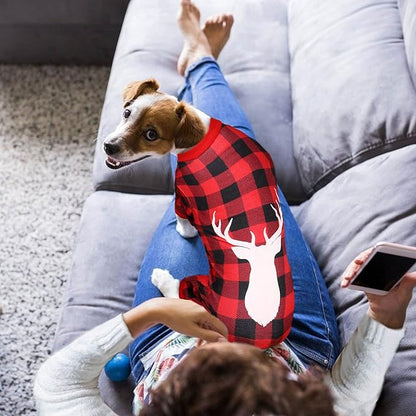Dog Pajamas Buffalo Plaid with Reindeer Print Pet Onesie Dog Pet Super Soft and Stretchy Dog Christmas Pajamas for Small Medium Dogs(S/M)