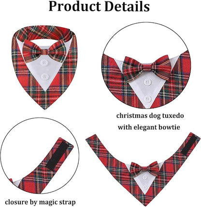 Adjustable Red Plaid Christmas Dog Tuxedo Bandana with Bow Tie - Holiday Pet Outfit Costume for Dogs XS to XL