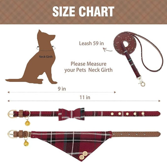 KOOLTAIL Small Dog Collar and Leash Set with Bowtie and Bells - Puppy Collar and Leash for Female with Classic Plaid Matching Pattern, Soft Leather Tangle Free Leashes for Small Dogs Boys Girls, Red