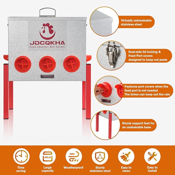 55LB Automatic Chicken Feeder, Rat Proof & No Waste Large Metal Chicken Feeder, Waterproof Galvanized Poultry Feeder with 4 Visual Windows for Chickens, Ducks, Geese, 8 Ports & Adjustable Legs