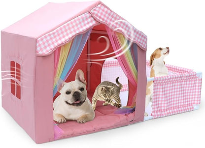 Dog House Indoor with Frame for Small to Medium Dogs, LitaiL Cute Dog Tent Bed with Play Area, Breathable, Washable, Cute Princess Dog Cat House with Soft Plush Cushion, 44" L x 26.8" W x 25" H, Pink