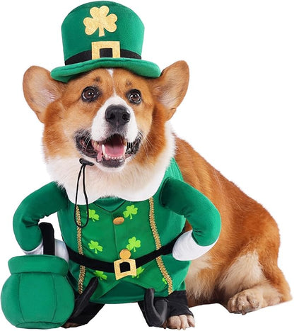 Leprechaun Dog Costume, St Patrick’s Day Pet Outfit with Adjustable Leprechaun Hat & Playful Gold Pot, Lucky Irish Holiday Clothes for Small Medium Large Dogs Cats Puppy