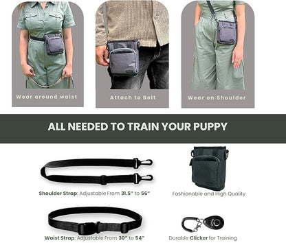 BEAU&FUR Small Dog Treat Pouch with Clicker for Training – 2 Cup Capacity, Built-In Poop Bag Dispenser, Storage for Snacks and Toys - Hands-Free Pouch Snack Holder for Walking and Training -Grey Black