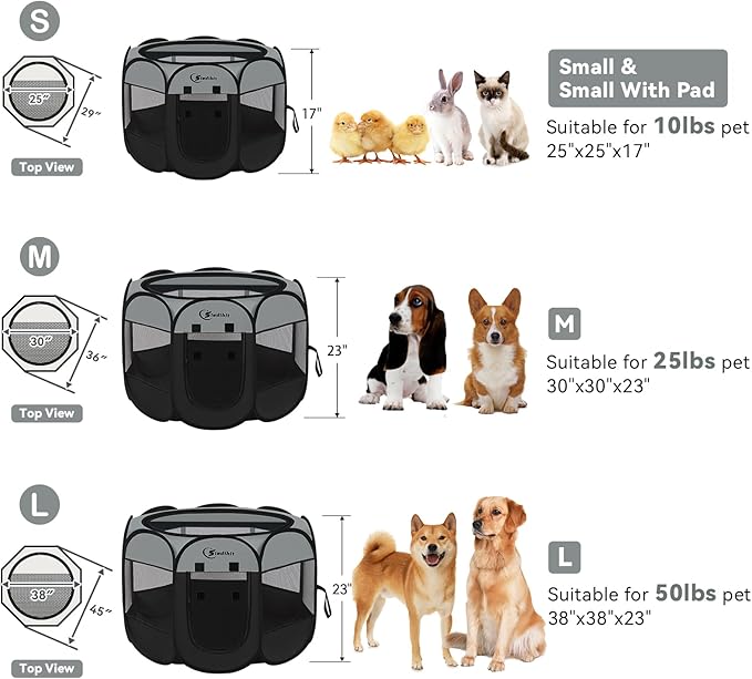 Dark Grey Dog Cat Playpen, Puppy Pet Playpen, Small Dogs Tent Crates Cage Indoor/Outdoor, Portable Pop Up Dog Kennel Playpen with Carrying Case for Dogs/Cats/Rabbits