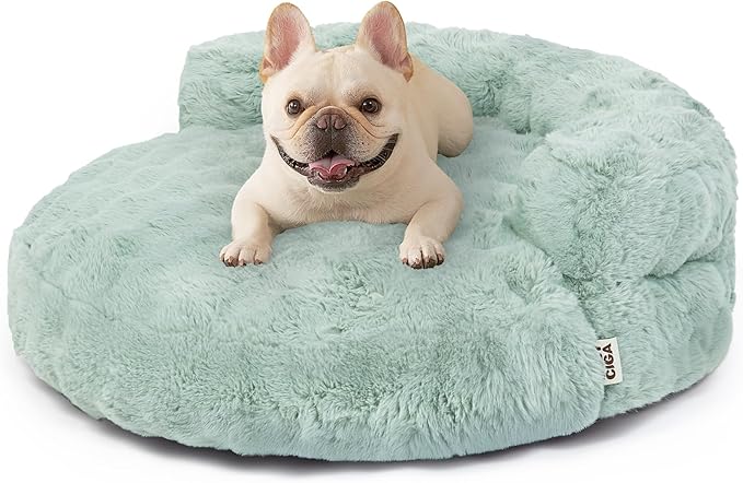 EHEYCIGA Medium Dog Bed and Large Cat Couch – Fluffy Faux Rabbit Fur Pet Sofa for Small and Medium Dogs, Washable Removable Cover, Waterproof and Non-Slip, 30 Inch, Sage Green
