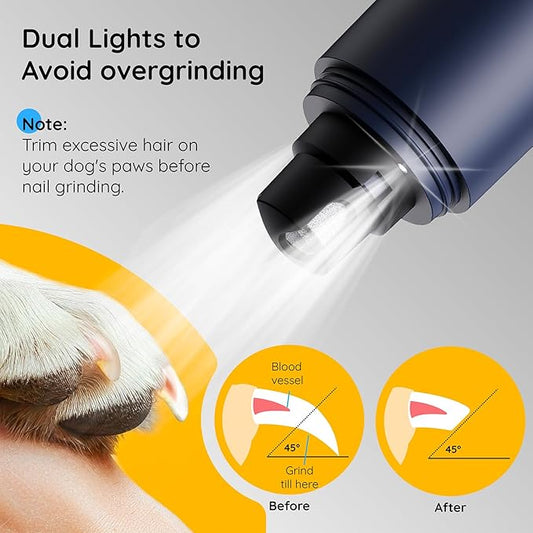 Bonve Pet Nail Grinder for Dogs - Electric Dog Nail Trimmers with 2 LED Lights Super Quiet, Coarse & Fine Wheels. Rechargeable, 2 Speeds for Small Large Dogs & Cats