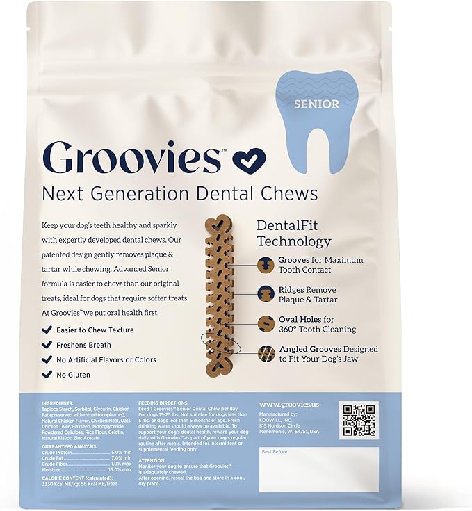 Groovies Slightly Softer, Yet Flexible Dental Chew for Senior Dogs & Delicate Chewers. Powered by USA-Patented DentalFit Tech. No Added Gluten, No Artificial Flavors or Colors. 27oz Medium (45Chews)