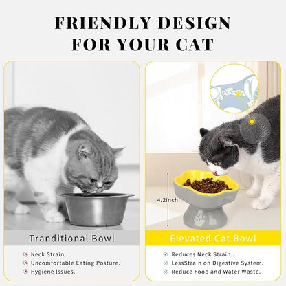 S&Q's CERAMICS Raised Slow Feeder Cat Bowl, Ceramic Elevated Food Bowl Small Dogs Slow Feeder, Flower Shaped Cute Pet Dish for Dry and Wet Food (Yellow, 5.8")