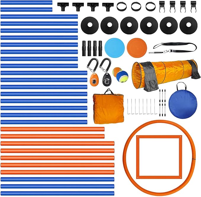 Premium Dog Agility Training Set Outdoor Indoor Game, Tire Jump + Hurdle Jump, Tunnel, Weave Poles, Pause, 2 Toy Balls, 2 Discs, 1 Whistle, 1 Bag, 2 Training Clicker Backyard Dog Obstacle Course Kit