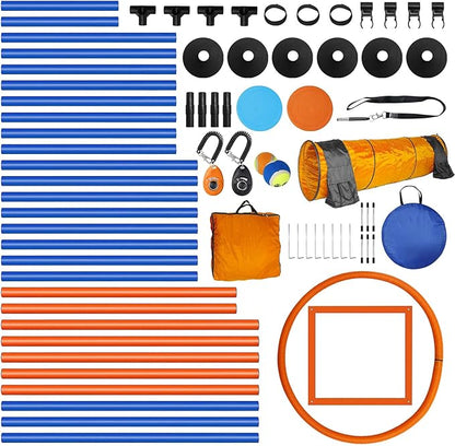 Premium Dog Agility Training Set Outdoor Indoor Game, Tire Jump + Hurdle Jump, Tunnel, Weave Poles, Pause, 2 Toy Balls, 2 Discs, 1 Whistle, 1 Bag, 2 Training Clicker Backyard Dog Obstacle Course Kit