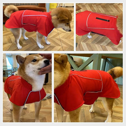 ROZKITCH Dog Raincoat Jacket, Waterproof Windproof Winter Coat with Fleece Liner and Leash Hole Reflective Strip for Large, Adjustable Poncho Vest for Outdoor Hiking Travel Red XL