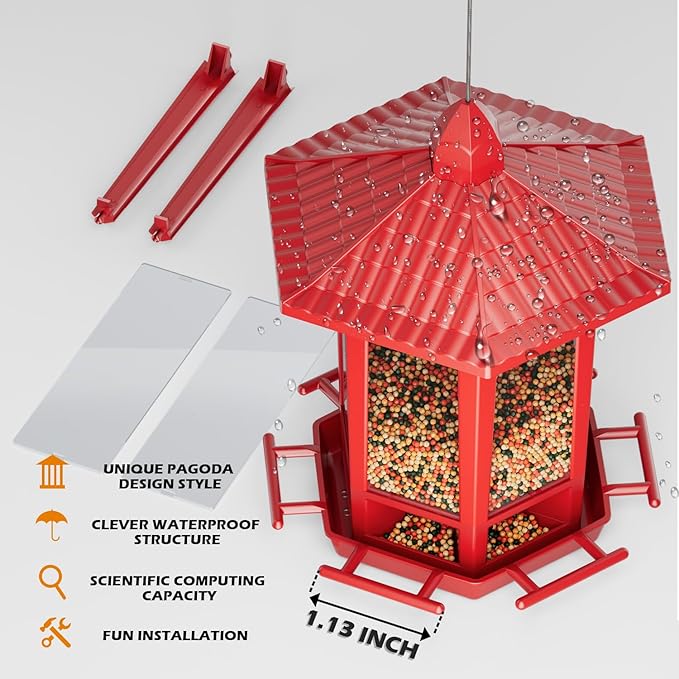 Birdream Bird Feeders for Outdoor Hanging, Fun Installation Pagoda Design Wild Birdfeeder, Attracting Wild Birds Sparrows Finch Cardinal Goldfinch Chickadee - Red