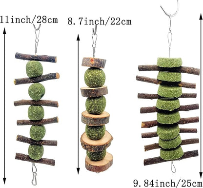 MYYZMY 3 Pcs Bunny Chew Toys, Rabbit Chew Toys for Teeth Grinding, Natural Organic Apple Wood Stick for Improve Rabbits Guinea Pigs Hamsters Dental Health