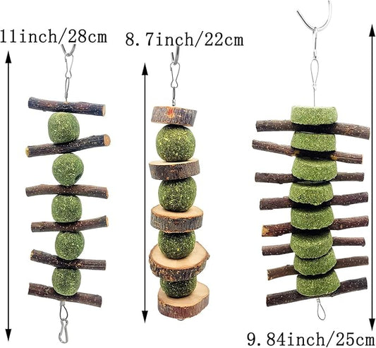 MYYZMY 3 Pcs Bunny Chew Toys, Rabbit Chew Toys for Teeth Grinding, Natural Organic Apple Wood Stick for Improve Rabbits Guinea Pigs Hamsters Dental Health