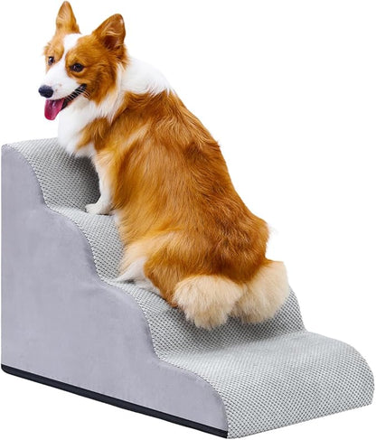 Dog Stairs for Small Dogs and Cats, 20" H 4 Steps Pet Steps Ramp for High Bed, Couch, Sofa, Waterproof Pet Stairs with Removable Washable Cover, Non-Slip Bottom, Light Gray