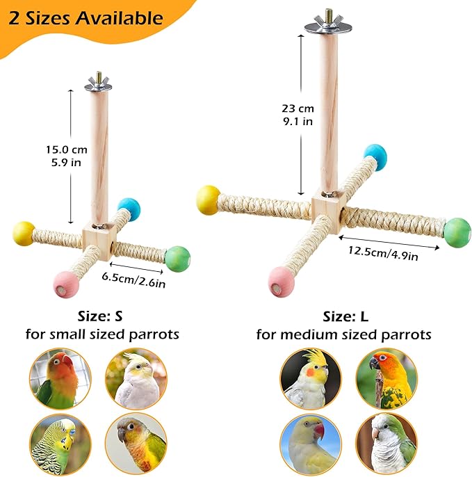 Large Bird Stand Perch Toy for Cage, Interactive Spinning Toys, Wooden Exercise Wheel Quaker Toy, Enrichment Bird Cage Accessories Perch Toys for Medium-Sized Birds Cockatiel Ring-Necked Caique (L)