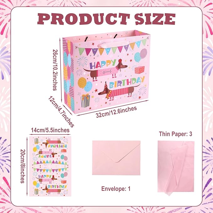 Fukaisu Large Dog Birthday Favor Bags, 13" Dachshund Happy Gift Bags with Card Tissue Envelopes for Dog Birthday Party Decoration