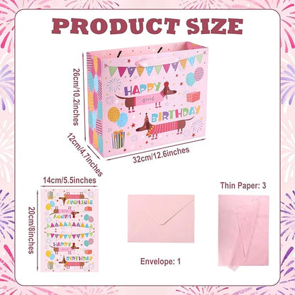 Fukaisu Large Dog Birthday Favor Bags, 13" Dachshund Happy Gift Bags with Card Tissue Envelopes for Dog Birthday Party Decoration