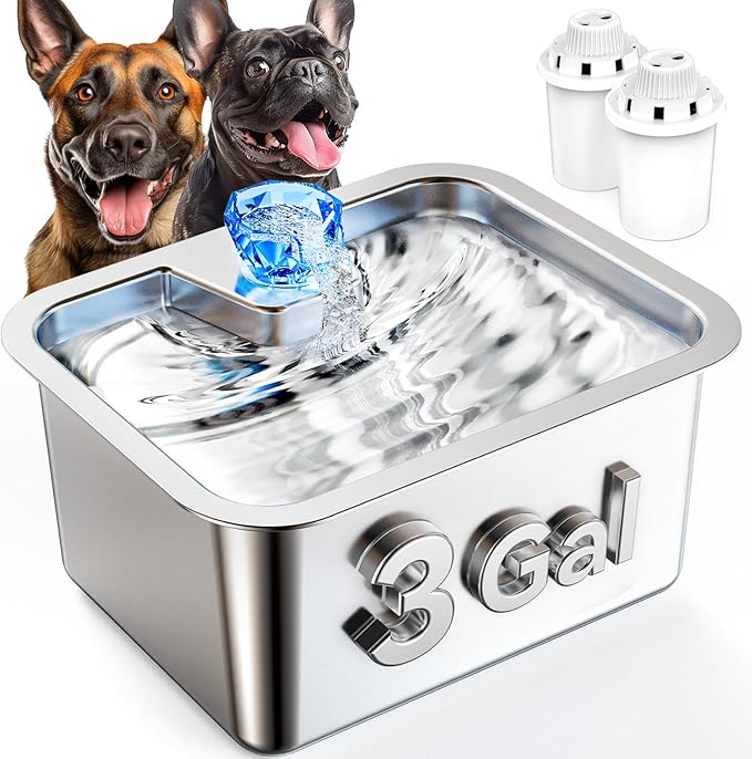 3 Gallon Large Dog Water Fountain, Stainless Steel Pet Water Fountain for Large Dogs, Automatic Big Dog Water Bowl Dispenser Drinking with 2 Filters, Easy to Clean, Quiet Pump