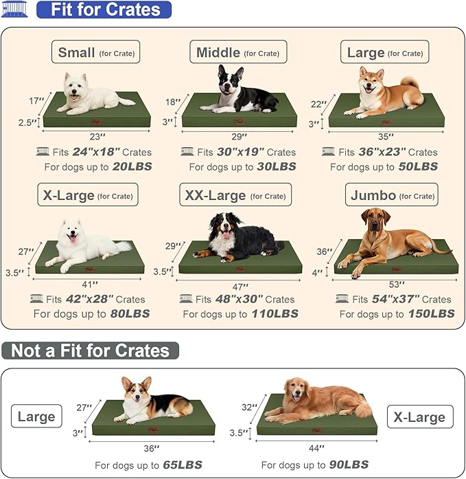 Outdoor Orthopedic Dog Bed, Waterproof Dog Bed for Large Dogs 36x27 Inch, Egg Crate Foam Pet Mat with Washable Removable Oxford Cooling Cover, Amy Green