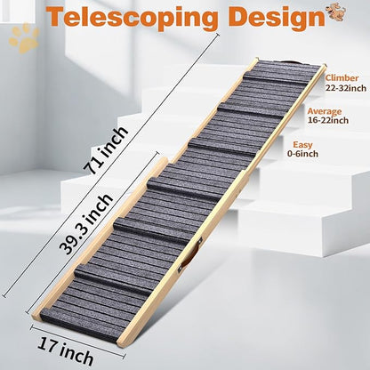 Dog Ramp for Car, 71''x 17'' Extra Long Deluxe Telescoping Design Wooden Pet Ramp, Pet Stair Ramps for Truck SUV with Non-Slip Surface, Portable Outdoor Dog Steps for Medium Large Dogs, Up to 200LBS