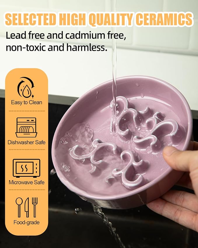 Slow Feeder Dog Bowl, 0.6 Cups Ceramic Dog Food Dish for Fast Eaters Small Breed, Puzzle Bowl for Small Dogs and Cats(Dark Purple)