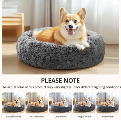 JOLLYVOGUE Small Dog & Cat Beds for Indoor Cats, Donut Cuddler Warming Soft Dog Beds with Anti-Slip Bottom, Round Calming Fluffy Plush Faux Fur Cushion Bed for Small Dogs (20", Smoke Black)