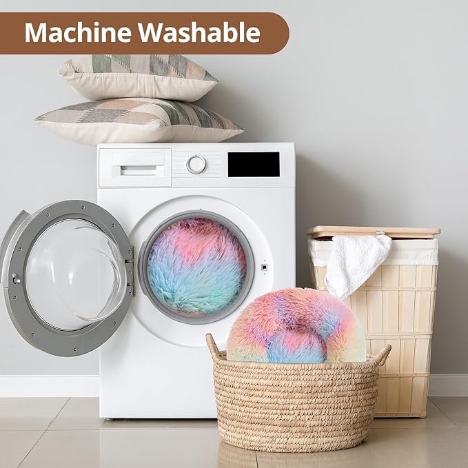 JOLLYVOGUE Small Dog & Cat Beds for Indoor Cats, Donut Cuddler Warming Soft Dog Beds with Anti-Slip Bottom, Round Calming Fluffy Plush Faux Fur Cushion Bed for Small Dogs (20", Rainbow)