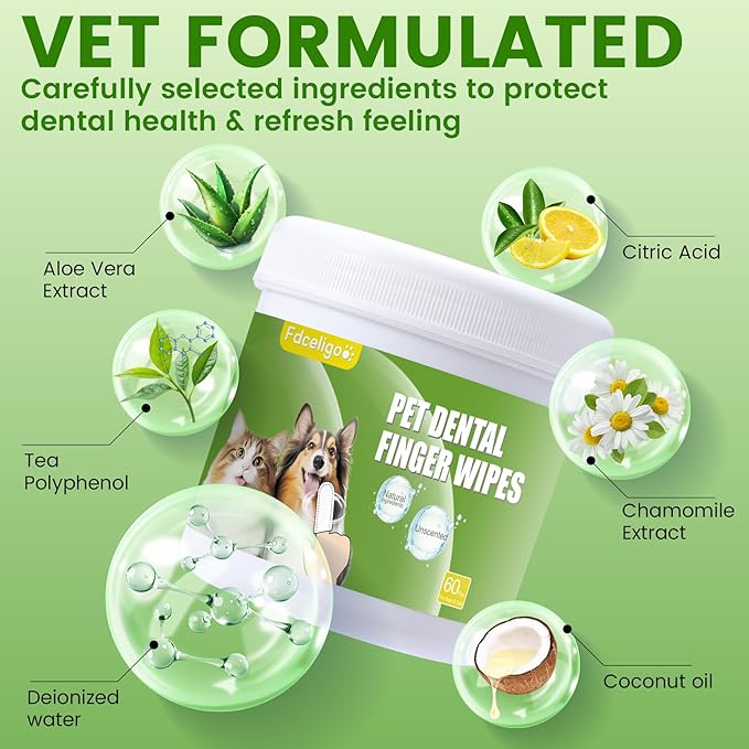 Dog Dental Care Wipes - Pet Teeth Cleaning Wipes for Dogs & Cats - Reduces Plaque, Freshens Breath Dog Dental Care Solution Pet Finger Wipes(60 PCS, Unscented)