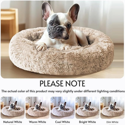 JOLLYVOGUE Small Dog & Cat Beds for Indoor Cats, Donut Cuddler Warming Soft Dog Beds with Anti-Slip Bottom, Round Calming Fluffy Plush Faux Fur Cushion Bed for Small Dogs (23")