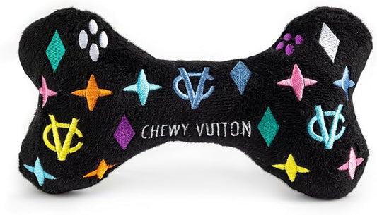 Haute Diggity Dog Black Monogram Chewy Vuiton Bone, Plush Designer Dog Toys with Interactive Squeaker, Stimulating Pet Enrichment, Machine-Washable & Safe Materials for All Breeds, Size Large