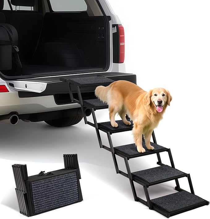 Extra Wide Dog Steps for Car, Truck and SUV - Foldable Pet Stairs for Large Dogs with Non-Slip Rug Surface, Lightweight Dog Ramp Holds Up to 250lbs, 5 Steps