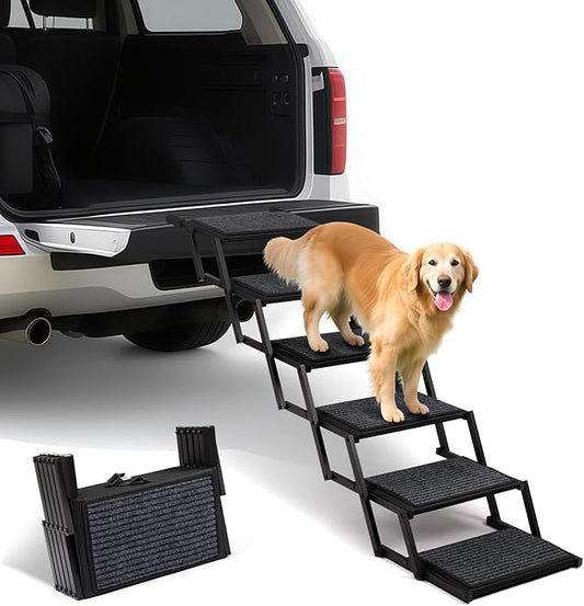 Extra Wide Dog Steps for Car, Truck and SUV - Foldable Pet Stairs for Large Dogs with Non-Slip Rug Surface, Lightweight Dog Ramp Holds Up to 250lbs, 5 Steps