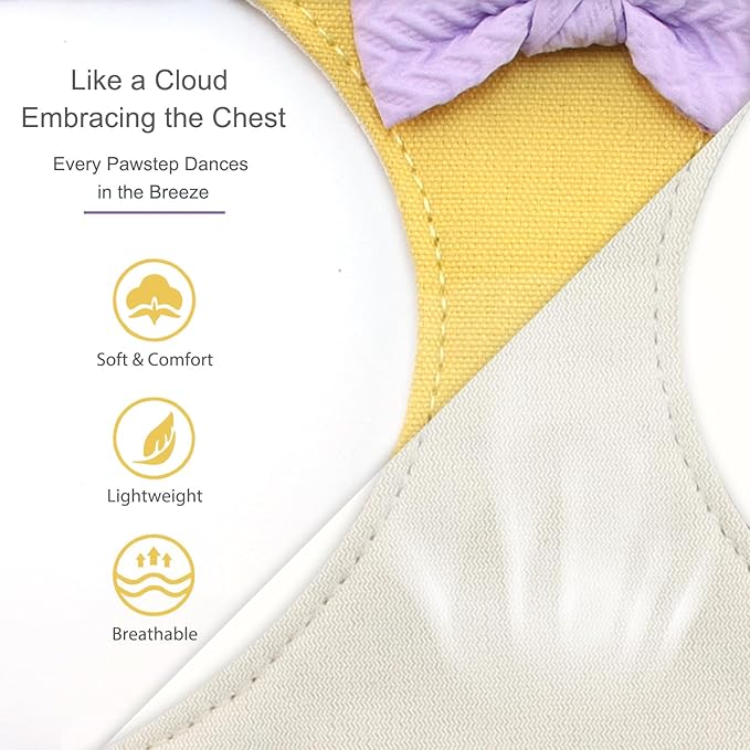 Small Dog Harness with Leash and Bow Tie, Cute Breathable Puppy Harness Easy for Walking, No Pull No Choke Escape Proof Pet Harness, Yellow & Purple XS