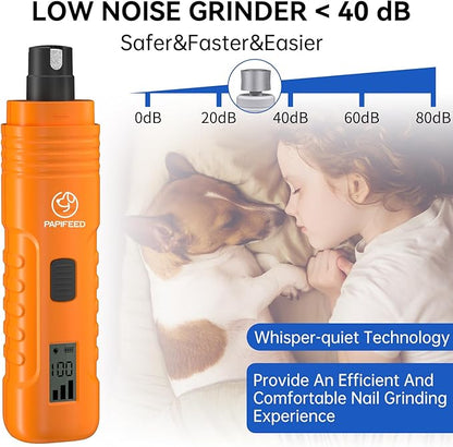 PAPIFEED Dog Nail Grinder Professional Pets, 3-Speed Electric Quiet Dog Nail Grinder, Rechargeable Dog Nail Trimmers - with 2 LED Lights/2 Grinder Wheels, for Small, Medium, Large Dogs (Orange)