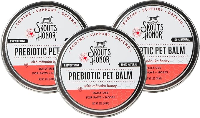 SKOUT'S HONOR Prebiotic Pet Balm - 100% Natural and Made w/Manuka Honey to Promote Healing of Your pet's paw Pads and Nose, Soothes Dry, Itchy Paws and Noses - Safe for Cats and Dogs, 2oz, 3-Pack