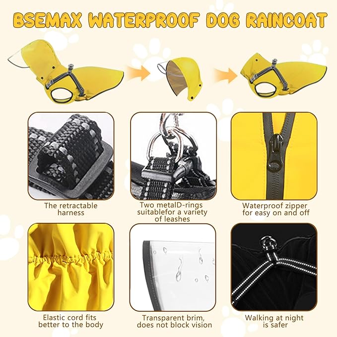 Dog Raincoat: Dog Rain Jacket with Reflective Harness & Removable Hood | Waterproof Dogs Rain Coat Poncho for Large Medium Small Dogs Puppies (Yellow - S)