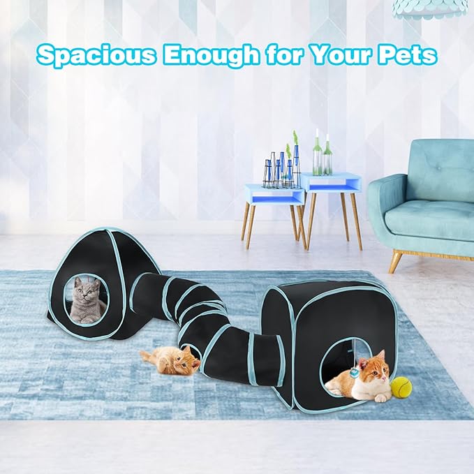 BWOGUE Bunny Tunnels & Tubes Collapsible Rabbit Hideout Tube and Foldable Cubes Playground Small Animal Activity Hideaway for Dwarf Rabbits Bunny Guinea Pigs Kitty (Blue Black)