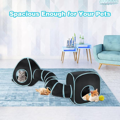 BWOGUE Bunny Tunnels & Tubes Collapsible Rabbit Hideout Tube and Foldable Cubes Playground Small Animal Activity Hideaway for Dwarf Rabbits Bunny Guinea Pigs Kitty (Blue Black)