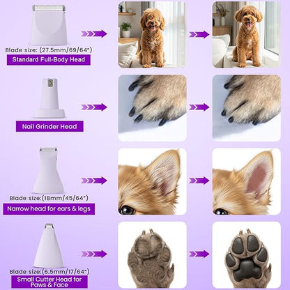 Dog Paw Trimmer - 4-in-1 Dog Clippers Grooming Kit with Low Noise & IPX7 Waterproof Design Includes Comb Paw Trimmer Nail Grinder - Rechargeable & Cordless Pet-Friendly Clipper (Purple)