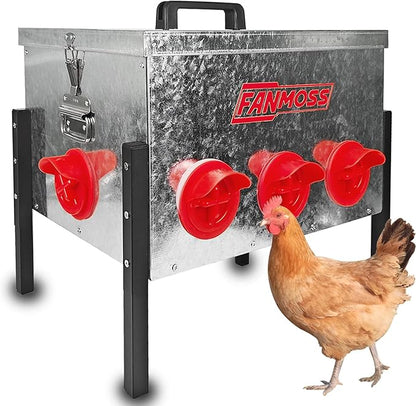 Automatic Chicken Feeder 60lb Large Metal Poultry Feeding Equipment, 8 No-Waste Ports with Locking Lid, Coops Runs, Backyard Chicken Keepers and Homesteaders