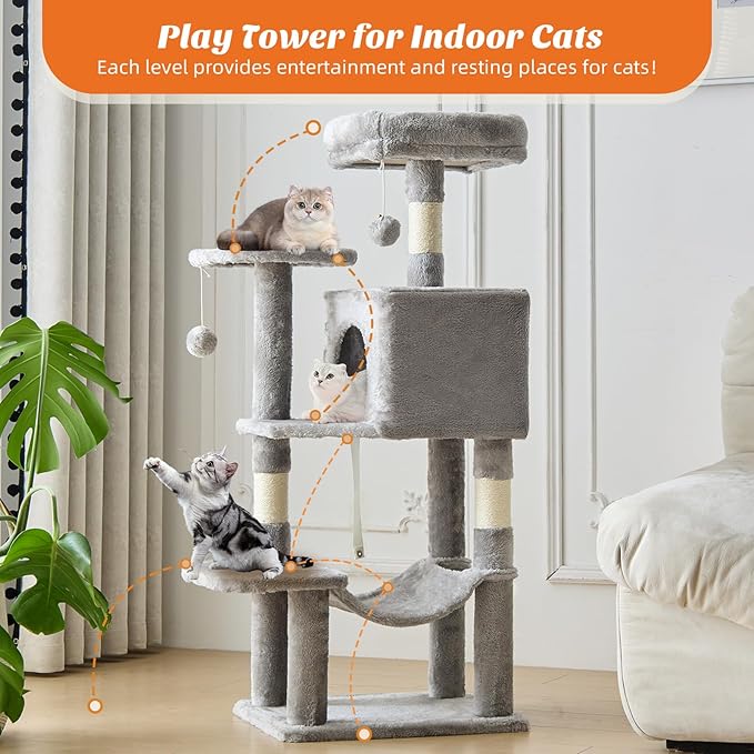 Sweetcrispy 44 inch Cat Tree Tower, Small Cat Climbing Tower with Condo, Natural Sisal Scratching Posts, Extended Platform, Hammock, Pet House for Indoor Cats and Kittens Play, Light Grey