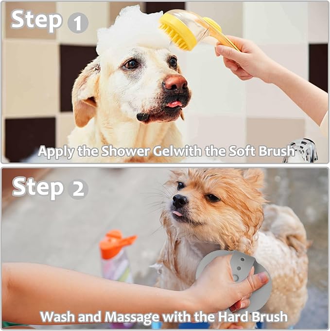 (6 Pcs) ELEGX Pet Grooming Bath Massage Brush with Soap and Shampoo Dispenser Soft Silicone Bristle for Long Short Haired Dogs Cats Shower