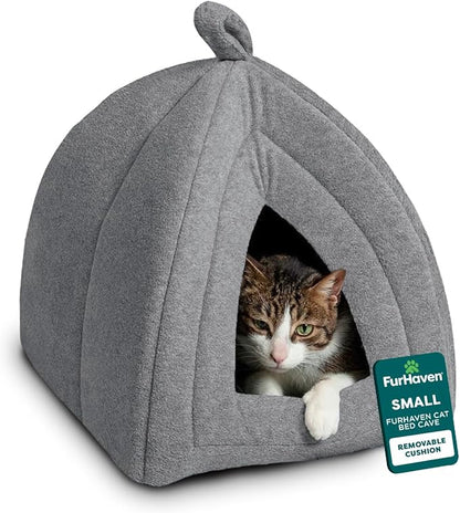 FurHaven Cat Bed Cave for Indoor Cats & Small Dogs, Washable & Foldable Pet Tent with Removable Cushion, Small, Polar Fleece, Heather Gray